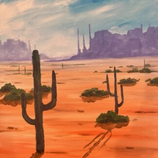 A painting of a desert with cactus and buildings.