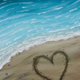 A painting of a heart in the sand on the beach.