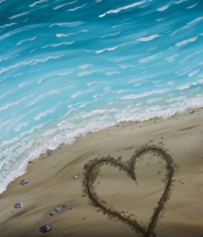 A painting of a heart in the sand on the beach.