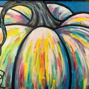 A painting of a colorful pumpkin on a blue background.