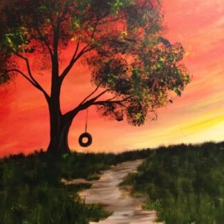 A painting of a tree with a tire swing at sunset.