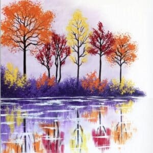 A painting of trees reflected in a lake.