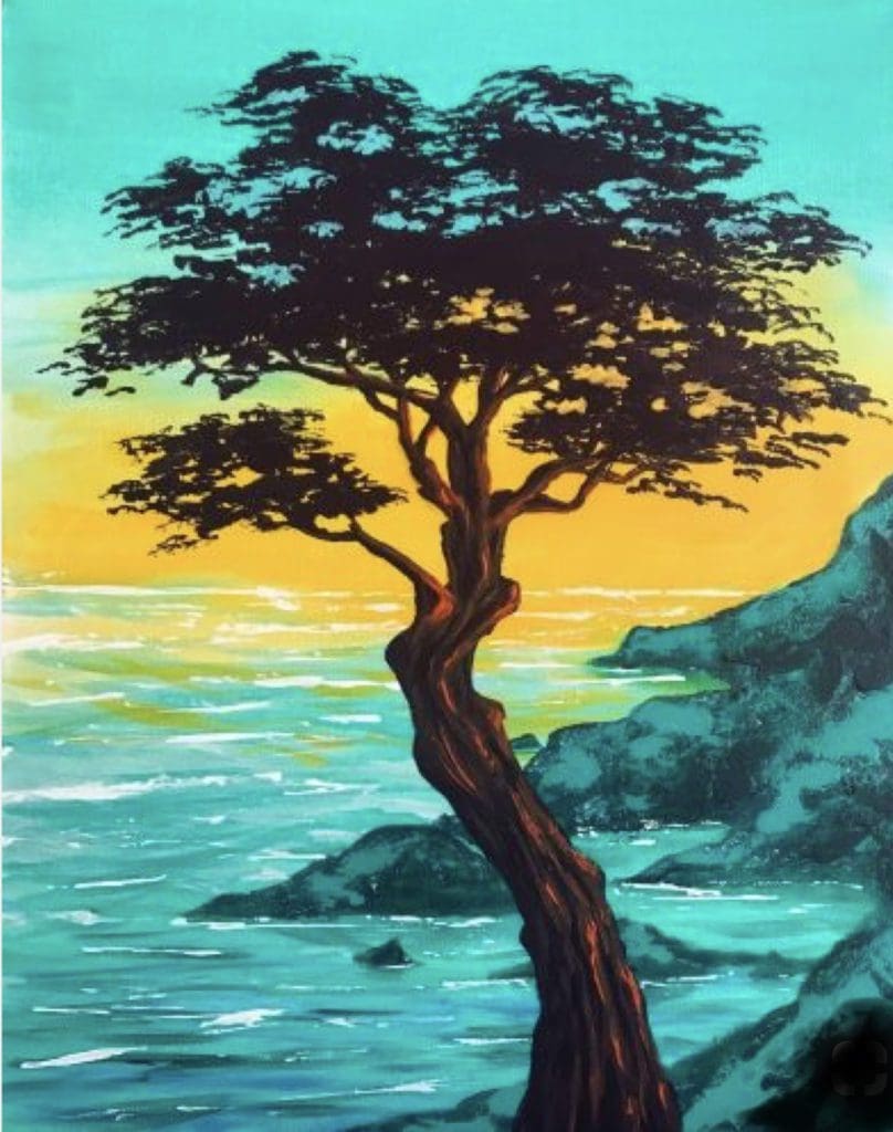A painting of a lone cypress tree at sunset.
