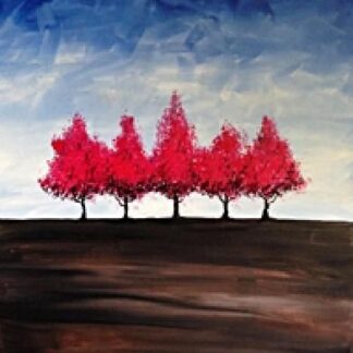 A painting of red trees in a field.
