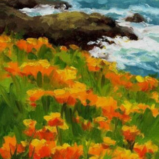 An oil painting of orange flowers near the ocean.