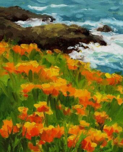 An oil painting of orange flowers near the ocean.