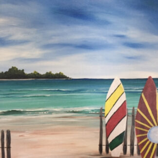 A painting of surfboards on the beach.