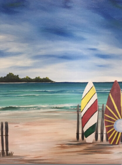 A painting of surfboards on the beach.