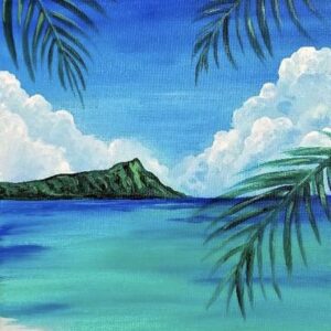 A painting of a beach with palm trees.