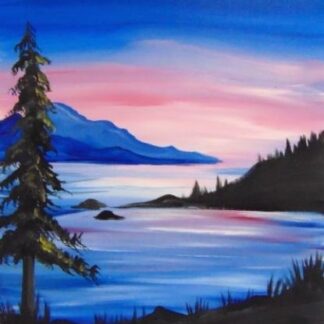 A painting of a lake with trees and mountains.