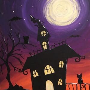Purple sky haunted cottage with perched black cats