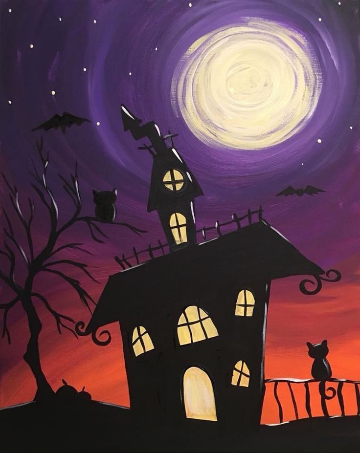 Purple sky haunted cottage with perched black cats