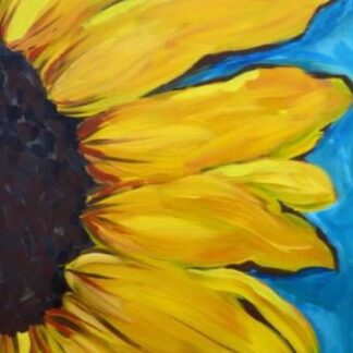 A painting of a sunflower on a blue background.