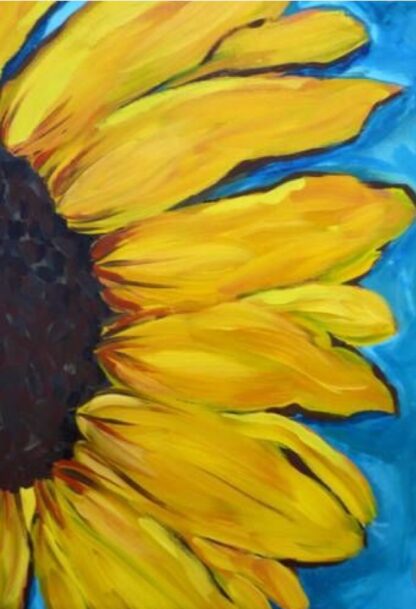 A painting of a sunflower on a blue background.