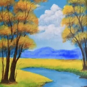 A painting of trees and a river.