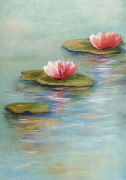 A painting of pink water lilies floating in the water.