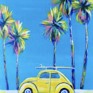 A painting of a yellow vw beetle with a surfboard and palm trees.