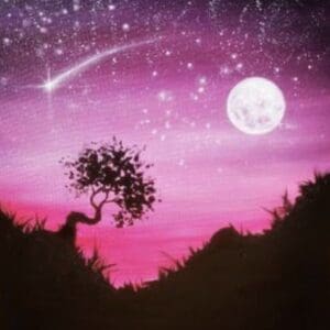 A painting of a tree with the moon and stars.
