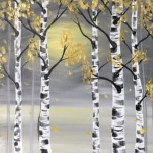 A painting of birch trees with yellow leaves.