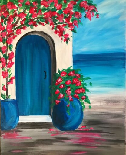 A painting of a blue door with flowers on it.