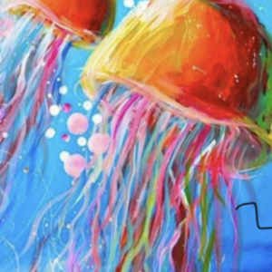 Two colorful jellyfish in blue water.