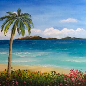 Solitary palm with island horizon and flowers