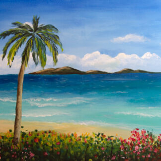 A painting of a palm tree on a beach.