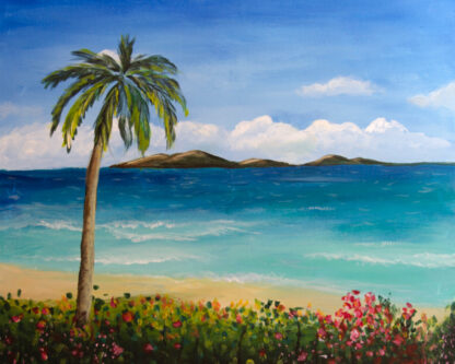 A painting of a palm tree on a beach.