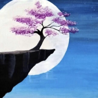 A painting of a tree on a cliff with a full moon.