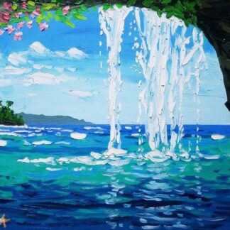 A painting of a waterfall in the ocean.