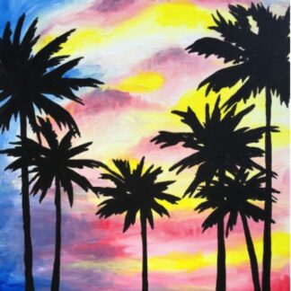 A painting of palm trees at sunset.