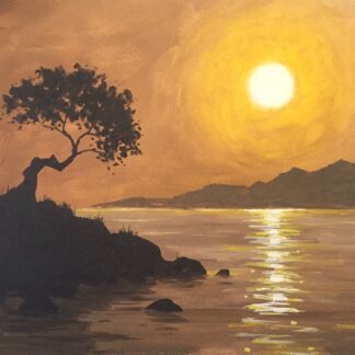 A painting of a sunset with a tree in the background.