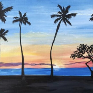 A painting of palm trees at sunset.