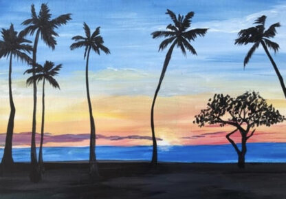 A painting of palm trees at sunset.