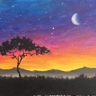 A painting of a tree with the moon and stars in the background.