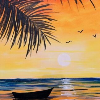 A painting of a boat in the ocean with palm trees.