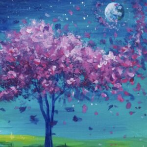 A painting of a pink tree in the night sky.