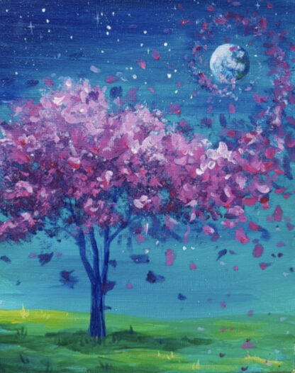 A painting of a pink tree in the night sky.