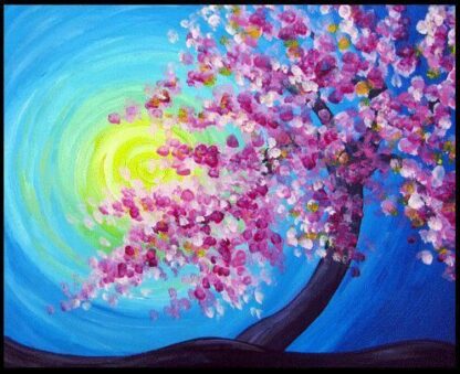 A painting of a cherry blossom tree with the sun behind it.