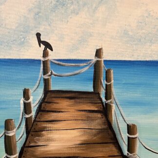 A painting of a pier with birds on it.