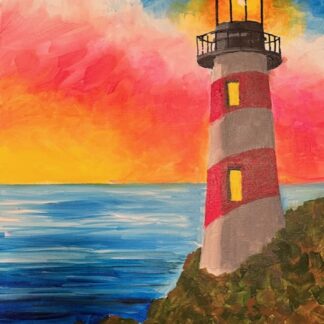 A painting of a lighthouse at sunset.