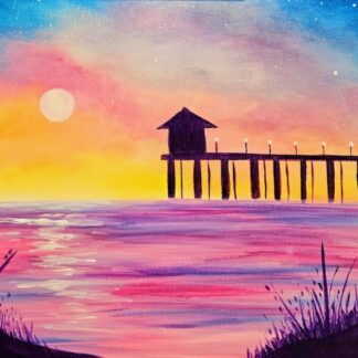 A painting of a pier at sunset.