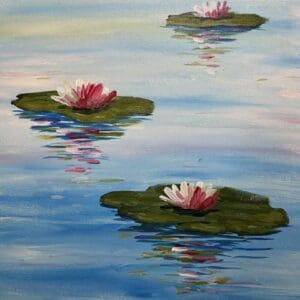 Painting of water lilies in a pond.