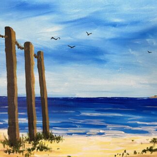 Painting of a lighthouse on a beach.