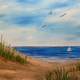 Painting of a sailboat on the ocean.