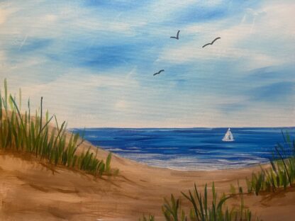 Painting of a sailboat on the ocean.