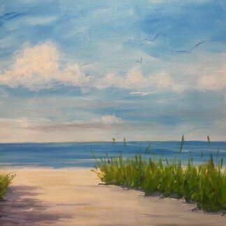 Painting of a seascape with grassy shore.