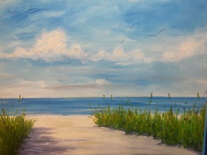 Painting of a seascape with grassy shore.