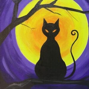Black cat silhouette under a full moon.