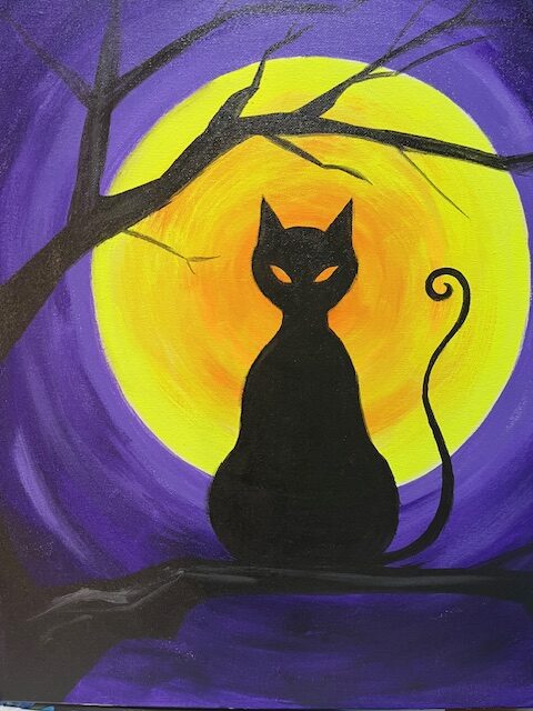 Black cat silhouette under a full moon.